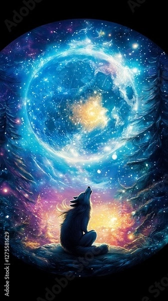 Fototapeta Wolf_howls_at_the_full_moon, generated ai