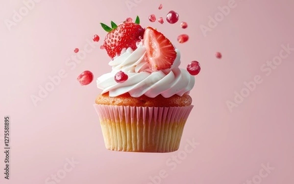 Fototapeta Floating strawberry cupcake with whipped cream and berry filling bursting, pastel background