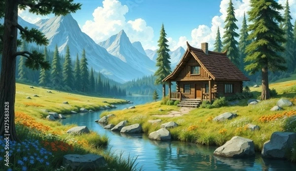 Fototapeta "A cozy wooden cabin nestled in a lush mountain valley, surrounded by tall pine trees and a serene, crystal-clear stream."







