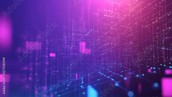 Obraz Abstract digital grid pattern with neon and blue light effects of a futuristic or technological city concept for AI, big data, and cyber net skyscrapers skyline holographic pattern technology 