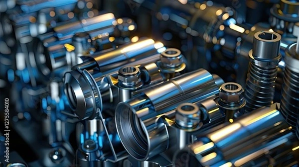 Fototapeta Close-up of polished metallic bearing caps in a complex arrangement showcasing intricate details with reflections highlighting blue and gold hues.