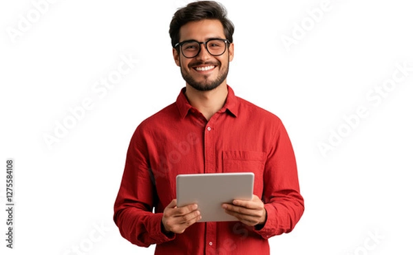 Obraz Portrait of a young, handsome man smiling warmly while holding a tablet, isolated on a transparent background. Perfect for technology, business, or lifestyle themes. High-quality image Red shirt