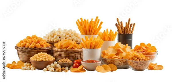 Fototapeta Diverse assortment of savory snacks featuring chips, popcorn and sticks
