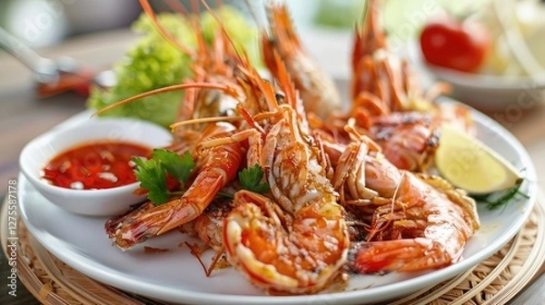Obraz Crispy fried seafood platter featuring shrimp with vibrant red sauce and fresh lemon slices on a white plate with green lettuce garnish.