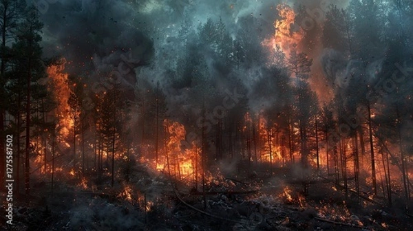 Obraz Intense flames and thick smoke engulfing a dense forest with tall trees in fiery orange and dark grey hues, highlighting a devastating wildfire scene.