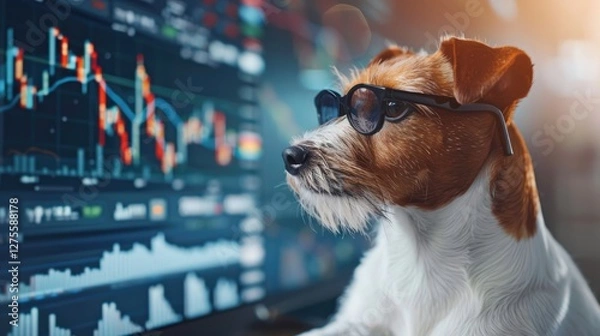 Obraz Jack Russell Terrier dog with glasses studies financial stock market charts on a glowing digital screen with colorful graphs and data displays.