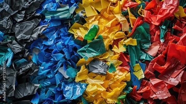 Obraz Colorful shredded plastic waste fragments in blue, green, red, yellow, and black arranged in layers showcasing recycling and ecological sustainability.