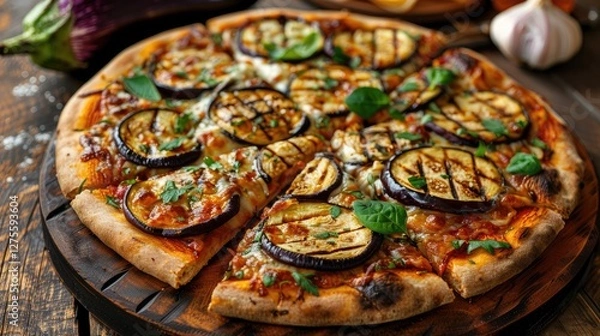 Fototapeta Vegetarian pizza topped with grilled zucchini and eggplant slices, garnished with fresh herbs, on a rustic wooden table with a warm color palette.
