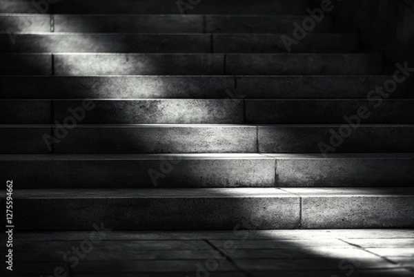 Fototapeta An abstract grayscale view captures the detail and light on a set of concrete steps, with the shadows emphasizing the architectural design and texture of the structure.