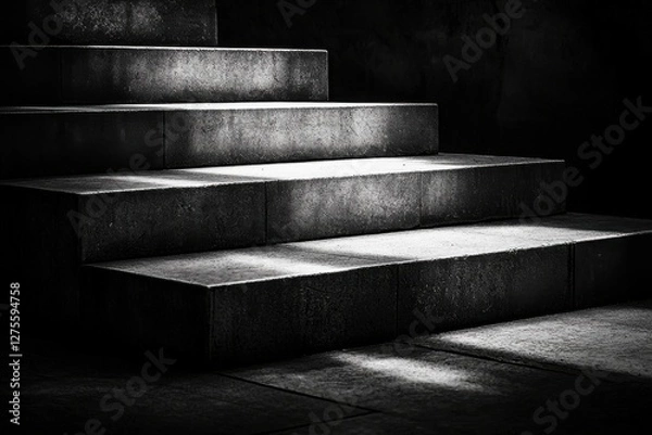 Fototapeta A striking black and white image showcases concrete steps illuminated by sunlight, creating a dramatic interplay of light and shadow, emphasizing texture and form.
