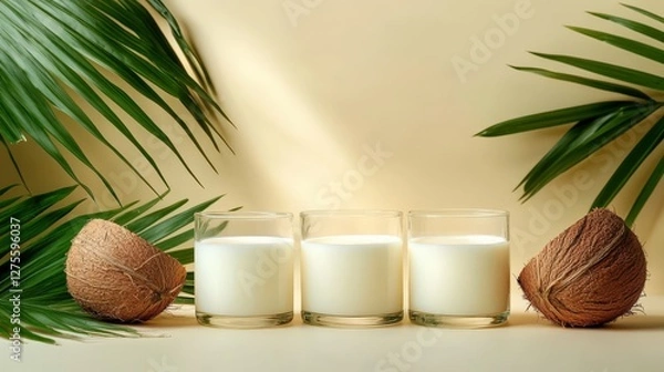 Fototapeta Three elegant candles placed on a soft yellow background with tropical leaves and coconuts