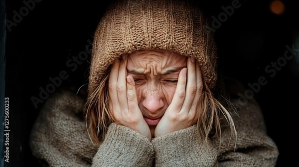 Fototapeta A woman distressed and facing her feelings, gently cradles her face beneath a warm knit hat, revealing deep emotions and a glimpse into the human experience of vulnerability.