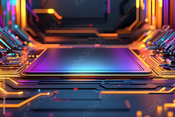 Fototapeta A 3D mockup with a futuristic, abstract design, featuring a high-tech frame. intricate, interwoven metallic elements, resembling digital circuits, glowing neon lines, and holographic patterns.