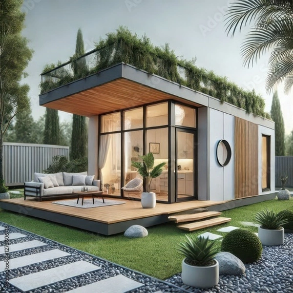 Fototapeta A stunning house features sleek lines and large glass windows, surrounded by vibrant greenery and a cozy deck. This serene outdoor space invites relaxation and harmony with nature
