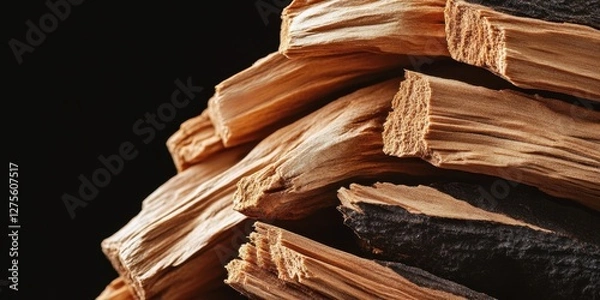 Fototapeta Close up of stacked sandalwood pieces showcasing rich golden and dark brown textures on a black background ideal for artistic compositions
