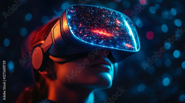Fototapeta Immersive Virtual Reality Experience with Futuristic XR Headset Displaying Cosmic Galaxy Exploration