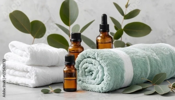 Obraz Spa-Like Setting with Eucalyptus Leaves and Essential Oils
