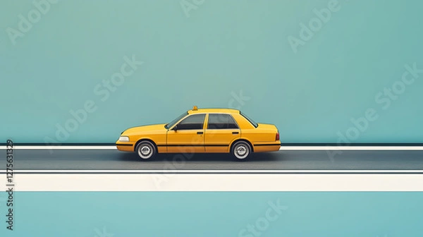 Obraz Classic yellow car driving on a minimalistic road, vibrant color contrast against a teal background, playful urban vibe.