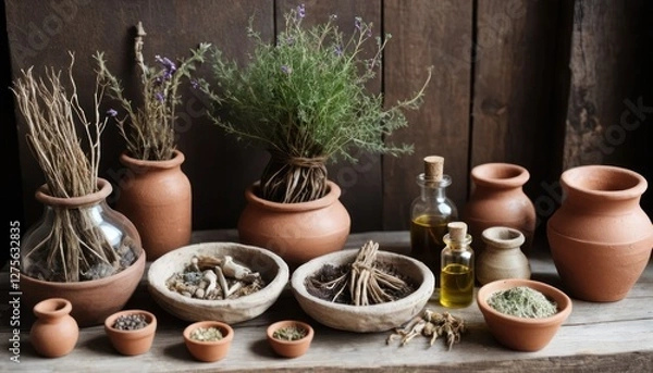 Fototapeta Rustic Herbal Oils and Dried Roots Setup