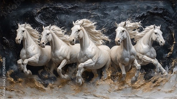 Fototapeta Four White Horses Running Dynamically Against Dark Background