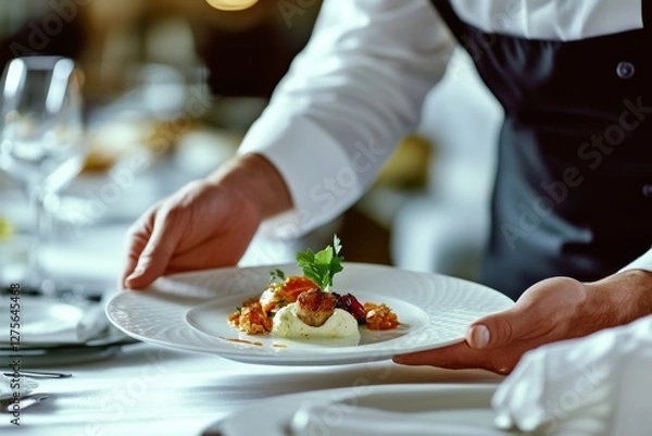 Obraz A gourmet dish artfully presented by a waiter, symbolizing culinary excellence and a refined dining experience in an elegant setting.