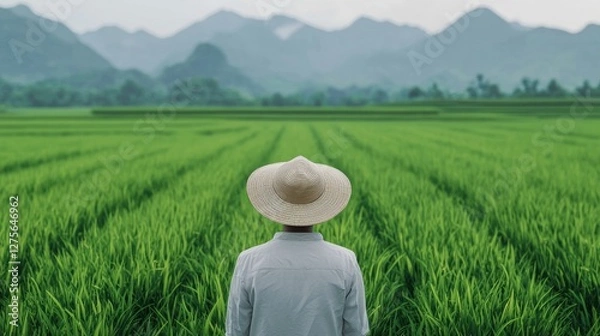 Fototapeta Person in Straw Hat Overlooking Lush Green Rice Terraces with Mountains in Background