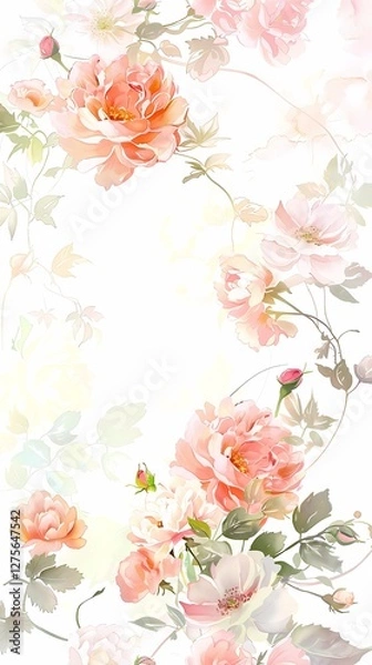 Fototapeta Soft rococo watercolor rose flowers texture pattern illustration poster background