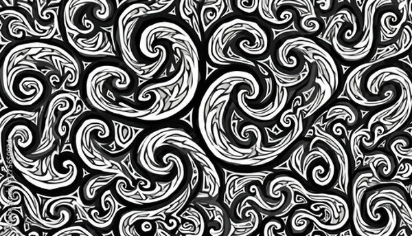 Fototapeta Monochrome polynesian tribal art visual with intricate swirl pattern. Maori tattoo style abstract design. Black and white seamless pattern texture. Pacific island native artwork print.