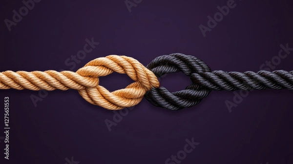 Fototapeta close up of intertwined ropes, one golden and one black, symbolizing unity and connection. contrasting colors create striking visual impact against dark background