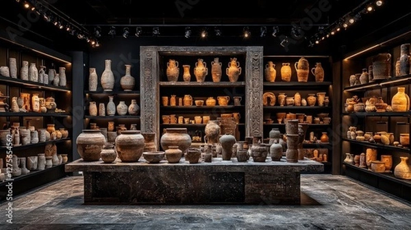 Fototapeta Ancient pottery display in museum exhibition hall