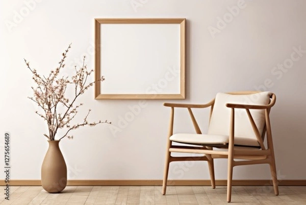 Fototapeta Minimalist room mockup with frame, chair, and vase with plants. Home interior design for decoration