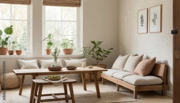 Obraz Cozy Room with Low Wooden Table, Soft Cushions, and Natural Color Palette