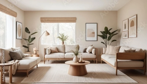 Obraz Cozy Minimalist Space with Soft Beige Furniture and Wooden Accents