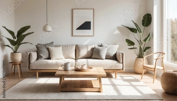 Fototapeta A Sunlit Minimalist Living Room with Light Tones and Wooden Coffee Table