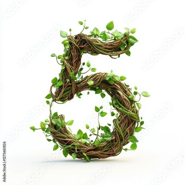 Fototapeta Number 5 made of twisted vines with tiny bright green leaves isolated on a clean white background