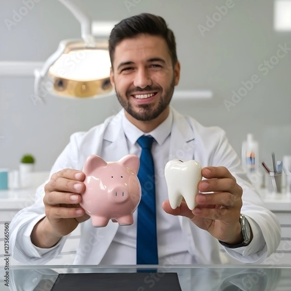 Fototapeta dentist holding a piggy bank and a bright white tooth, generative ai