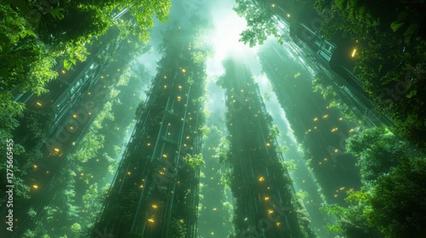 Fototapeta Experience the awe-inspiring blend of nature and technology with this image capturing a futuristic green city dominated by vertical gardens reaching towards the sky.