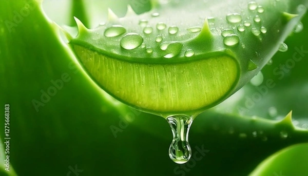Fototapeta Close-up of a freshly cut aloe vera leaf with a droplet of gel falling, covered in dewdrops, highlighting its natural hydration benefits.