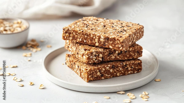Fototapeta Healthy snack bars stacked on plate, made from oats and seeds, with light background. Perfect for nutritious boost any time of day