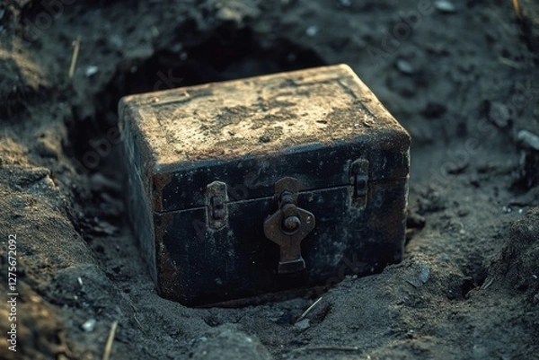 Obraz A weathered metal box, partially unearthed, tells stories of mystery and hidden treasures long buried beneath the surface.