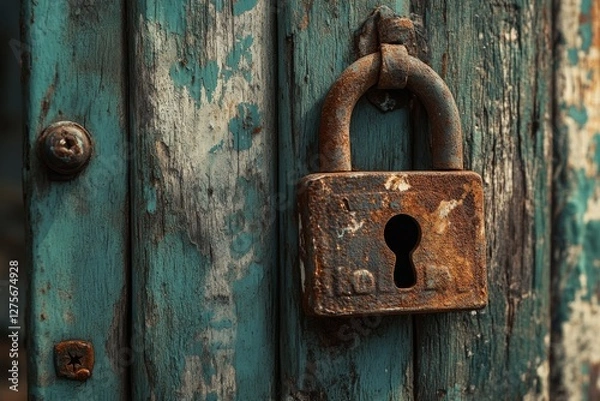 Fototapeta A rusty padlock hangs on an aged, weathered wooden door, telling stories of security and the passage of time.