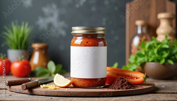 Obraz A sauce jar with a blank label, surrounded by fresh tomatoes, herbs, and a wooden background, creating a natural and appetizing branding mockup.