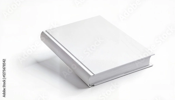 Fototapeta A hardcover book mockup displayed flat on a white surface with a blank white cover. This minimalistic setup is ideal for showcasing book cover designs, branding projects, or editorial concepts.