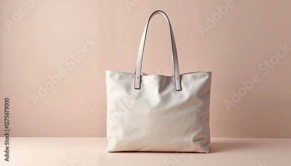 Fototapeta A canvas handbag mockup with leather straps placed on a beige surface. Ideal for presenting branding for eco-friendly, fashionable, or practical bags in a clean and modern style.
