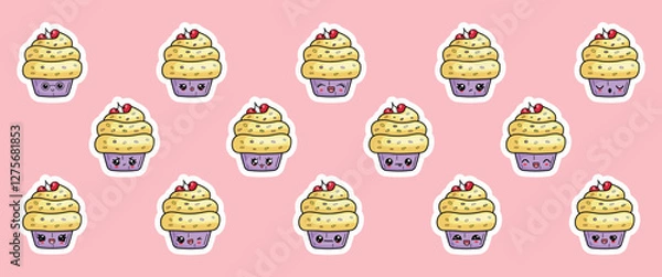 Fototapeta A set of stickers of cute cupcakes with different emotions in kawaii style. Vector colorful illustration of sweet dessert