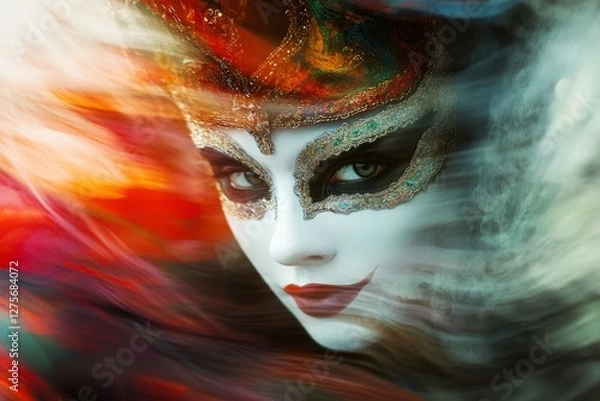 Fototapeta A mysterious masked figure is enveloped in swirling colors, blending fantasy and elegance with a captivating, artistic flair.