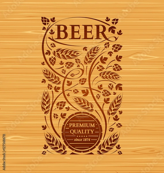 Obraz Vector beer emblem with hops and malton a wooden background