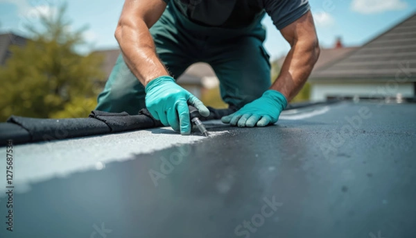 Fototapeta Roofer repairs flat roof applying sealant with air compressor tool in gloves. Waterproofing, weatherproofing. Pro home repair service, expert ensures quality construction maintenance on rooftop.