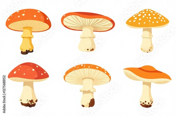 Fototapeta set of different mushrooms, chanterelles, champignons, isolated on white background, pattern