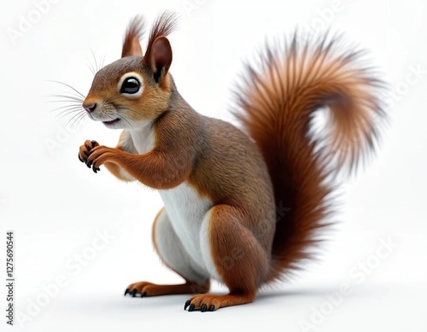 Fototapeta Squirrel standing upright on white isolate background. Rodent has furry body, bushy tail, bright eyes, attentive pose. Cute animal posing at studio. Lovely wild creature.